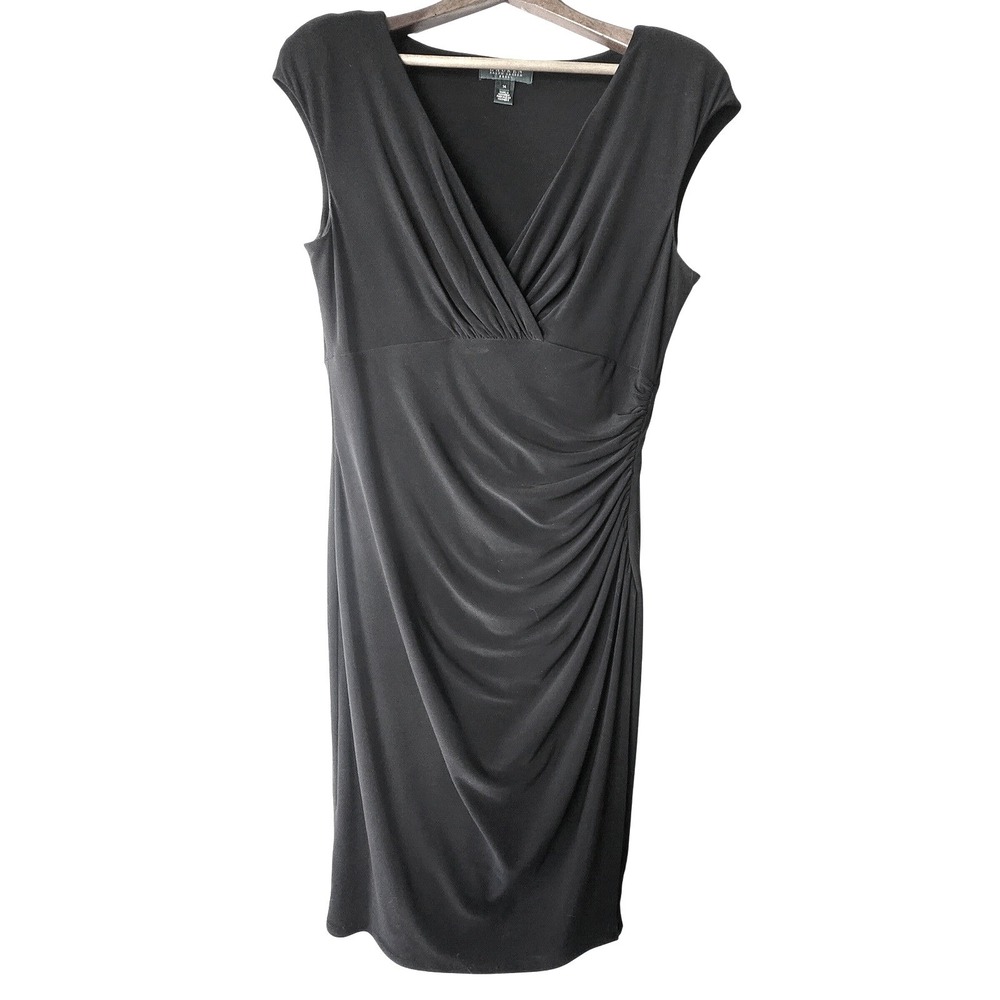 Lauren Ralph Lauren Sheath Dress Women 14 Black Ruched V-Neck Cap Sleeve LBD